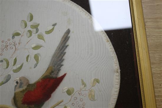 A Victorian silk and felt work hand screen, decorated with exotic birds, framed, 40 x 38cm